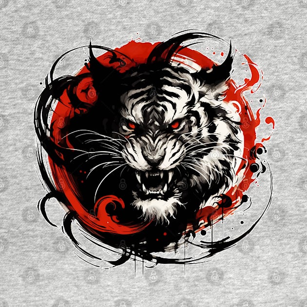 Sumie Japanese Brushstroke White Demon Tiger by TomFrontierArt